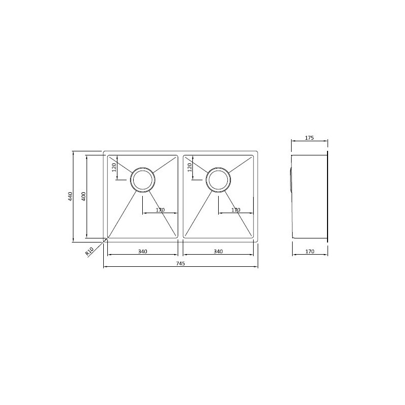 Evier Bradano Alaro 3434 Inox Brossé 2 bacs